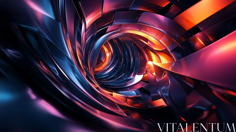 Metallic vortex tunnel glows with neon orange and blue light