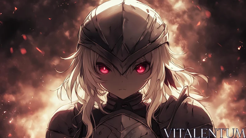 Armored anime warrior with glowing red eyes amid flames.