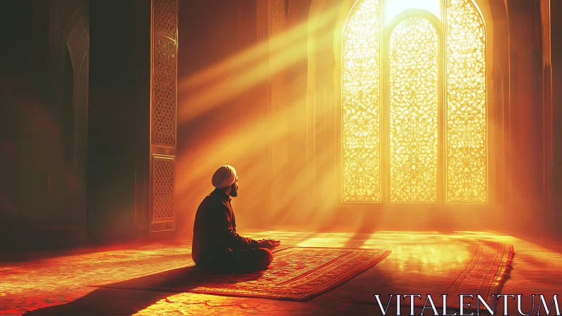 Man seated in prayer inside sunlit mosque interior.