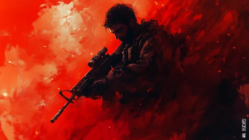 Silhouetted sniper in red abstract battlefield haze.