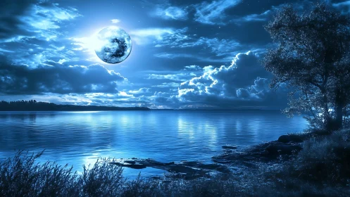 Large moon over calm lake with clouds and shoreline vegetation.