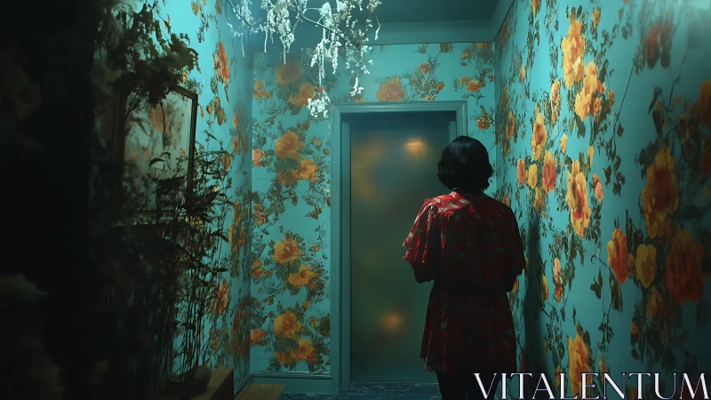 Softly lit floral hallway with a quiet, waiting figure.