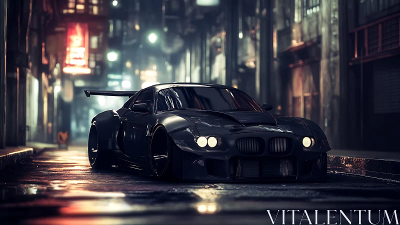 Midnight widebody street racer in cinematic neon alley.