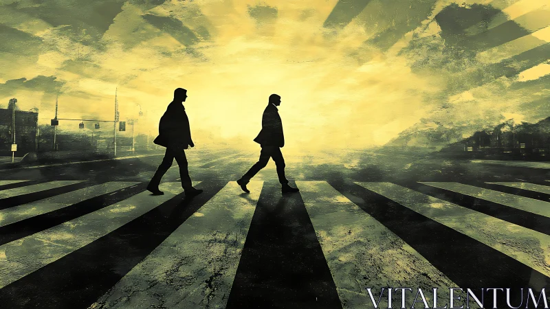 Silhouetted figures on crosswalk in stylized urban landscape.