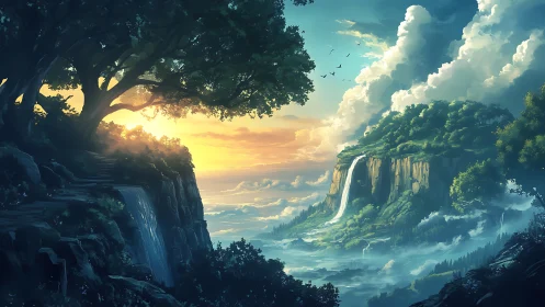 Sunlit twin waterfalls across a misty fantasy valley.