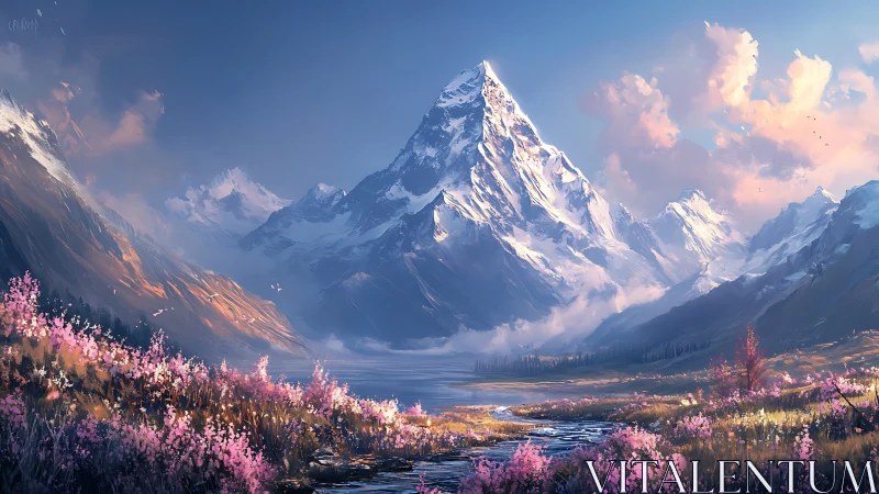 Snowy mountain above river valley with pink spring flowers.