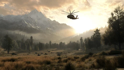 Military helicopter crosses sunlit valley beneath snowy peaks.