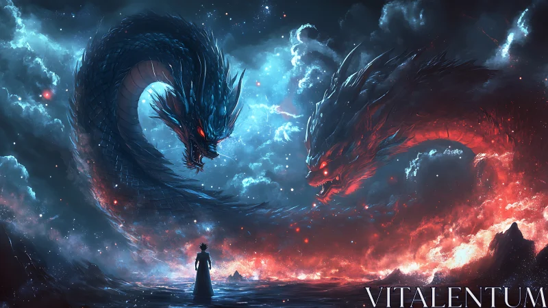 Two elemental dragon forms confront single figure at horizon