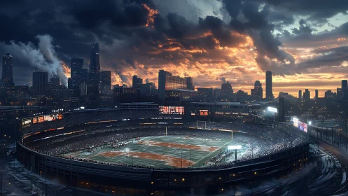 Sunset storm over packed urban football stadium skyline.