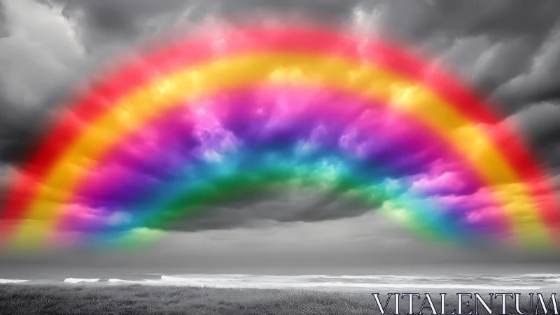 Colorized rainbow arc over monochrome coastal seascape.
