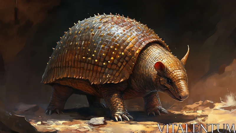 Armored armadillo creature in dramatic rocky landscape.