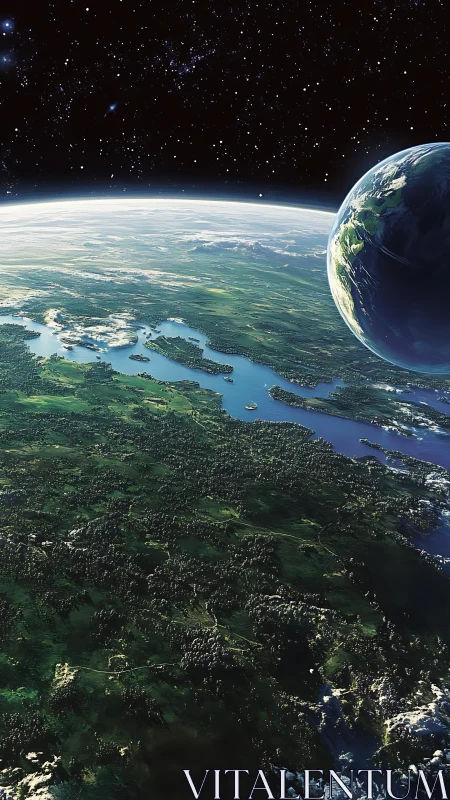 Planetary horizon view with detailed green landmasses.