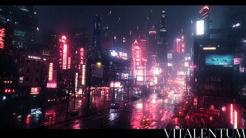 Rain-soaked neon cyberpunk city street at night scene.