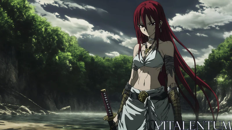 Warrior woman with katana by river under stormy sky.