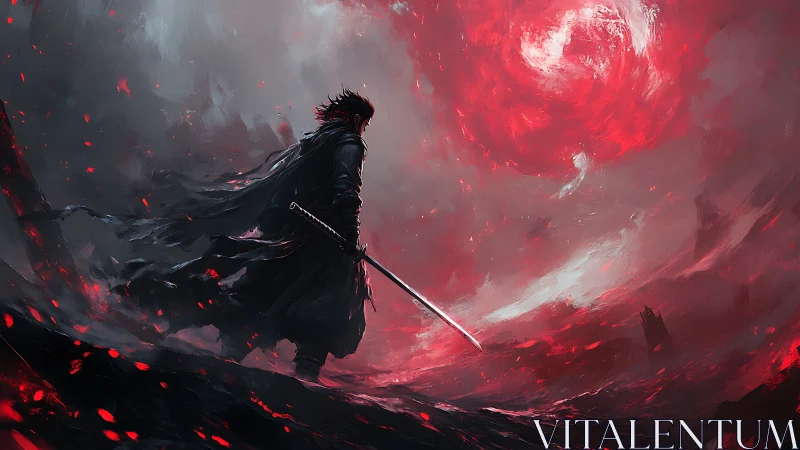 Lone swordsman faces swirling red storm in dark landscape