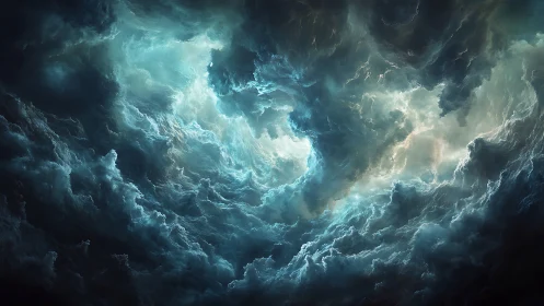 Stormy swirling clouds form a glowing vortex in the sky.