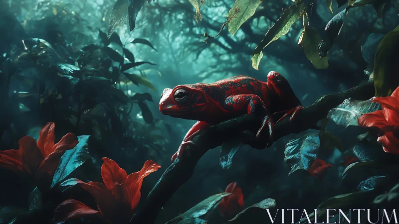 Bioluminescent red frog poised on misty jungle branch.
