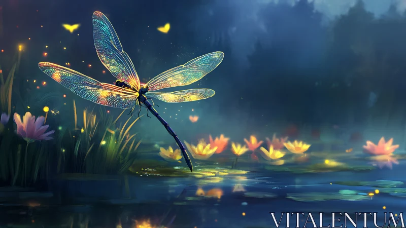Digital painting of luminous dragonfly over nocturne pondscape.
