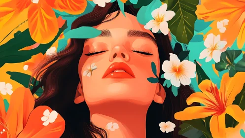 Digital portrait of serene woman amid vivid tropical flowers.