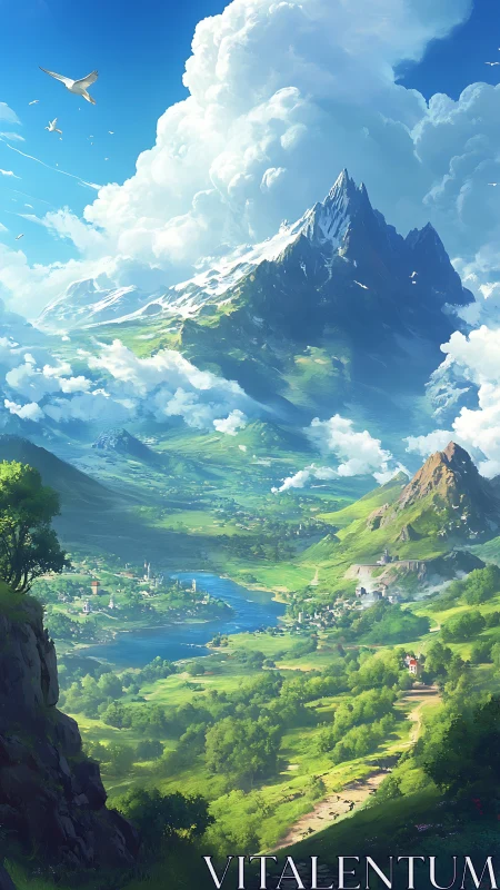 Digital painting of alpine valley panorama with soaring cumulus clouds.