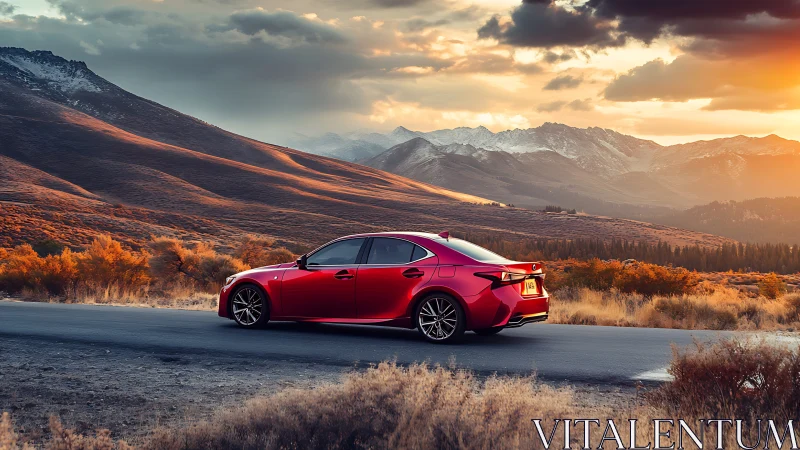 Red performance sedan on mountain highway at dramatic sunset