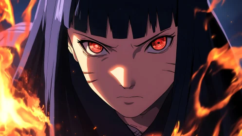 Anime character close-up with glowing red eyes and flames.