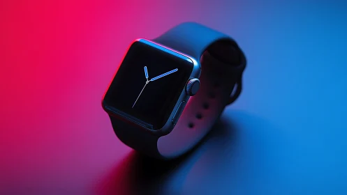 Smartwatch rests on surface under neon red blue lighting