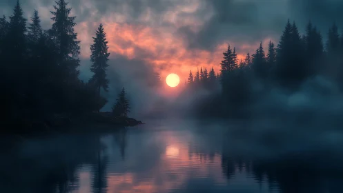 Volumetric mist over conifer lake at chromatic sunset horizon.