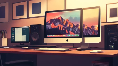 Digital studio desk with dual iMac setup at sunset glow.