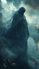 Shrouded astral wraith ascending through stormlit nebula.