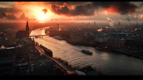 River of firelit clouds slices through an industrial dusk