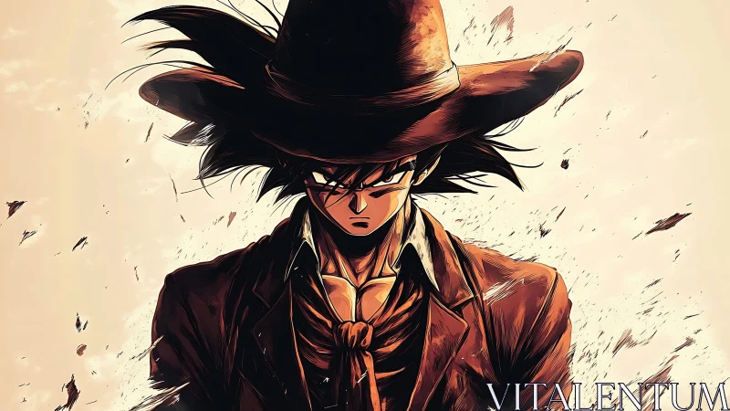 Lone anime gunslinger framed in swirling desert light.