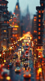 Rainlit toy city avenue humming in amber traffic glow.