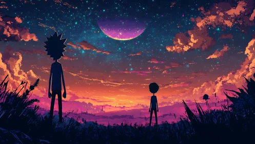 Stargazing friends under a neon dusk and crescent sky.