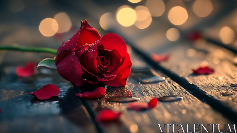 Red Rose Glistening with Evening Warmth and Grace.