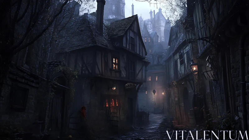 Narrow medieval alley with timber houses at dusk.