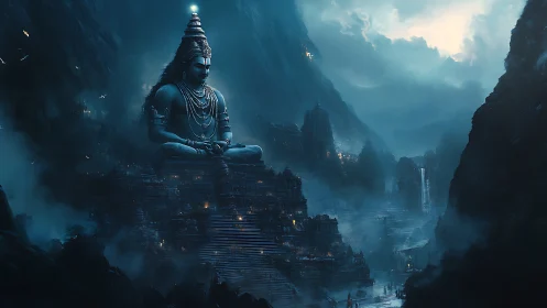 Monumental Shiva colossus dominating misted canyon metropolis.