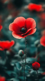 Scarlet poppy rises against dreamy teal garden blur.
