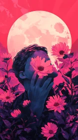 Dreamy moonlit portrait wrapped in neon pink flowers.