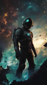 Starlit explorer pauses in glowing nebula dust and drifting ruins