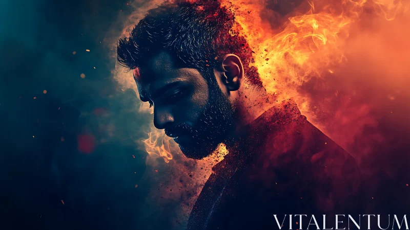 Fiery portrait of a thoughtful man wrapped in glowing embers.