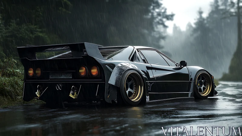 Aerodynamic widebody supercar in wet forest road rainfall.