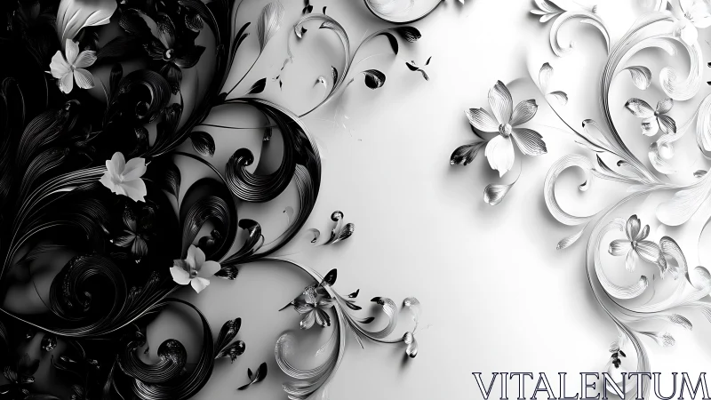 Monochrome floral swirls divide darkness and light in harmony