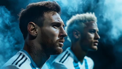 Smoke-draped football duos staring into charged blue horizons.