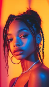 Portrait in neon bicolor lighting with sculpted gradients.