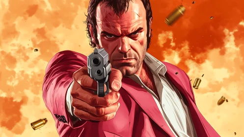 Male figure aiming handgun amid orange sky backdrop.