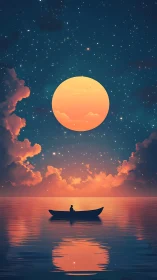 Solitary boat under oversized moon in surreal twilight seascape