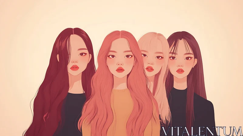 Four stylized young women stand side by side facing forward