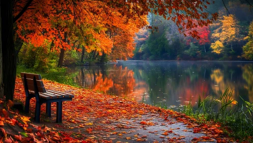 Quiet lakeside bench basks in the glow of peak autumn color