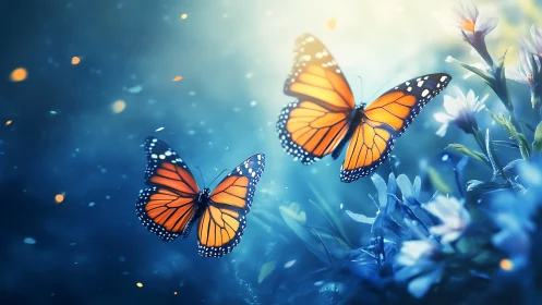 Butterflies drift through a dreamy blue garden glow.